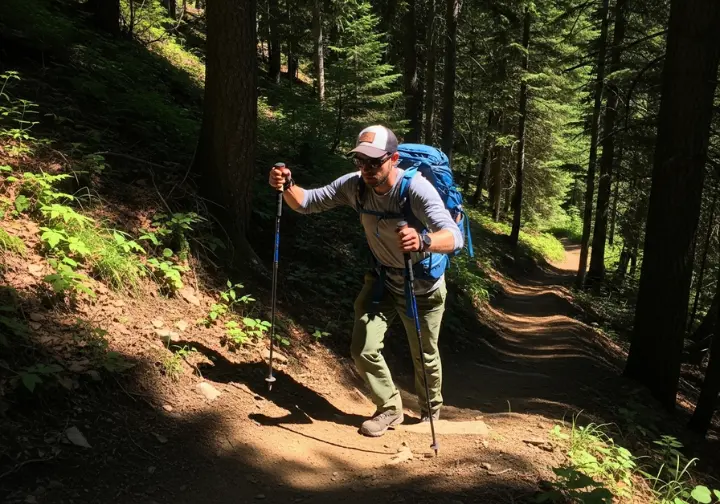 A side-view full-body shot of a hiker using trekking poles with correct form to climb a steep trail in the woods.