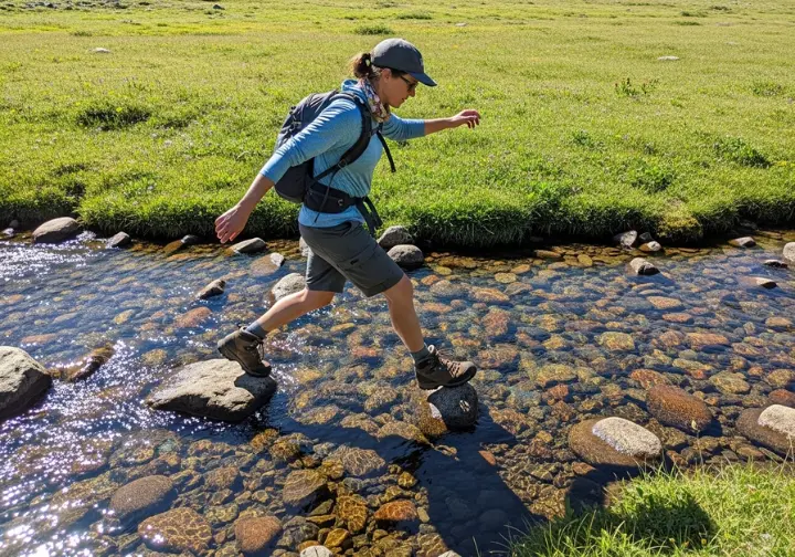 A full-body shot of a hiker in mid-stride, rock-hopping across a creek, demonstrating how boot design impacts dynamic hiking movements.