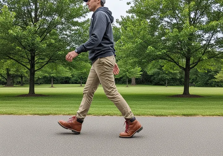 A full-body view of a person wearing new hiking boots and casual clothes walking on a paved path through a green park.