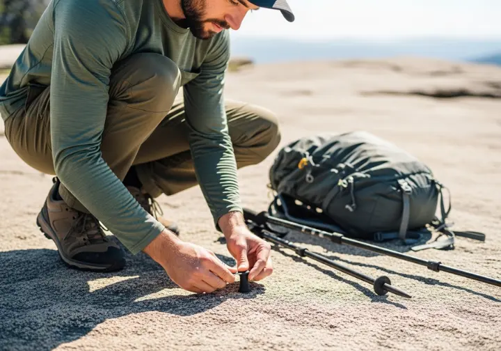 A full-body shot of a crouched hiker putting a protective rubber tip on their trekking pole while on a rock-slab trail.