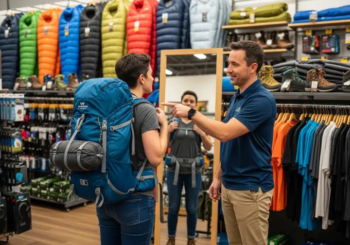 A person gets help from a gear store employee to properly fit a new backpacking pack in front of a mirror.