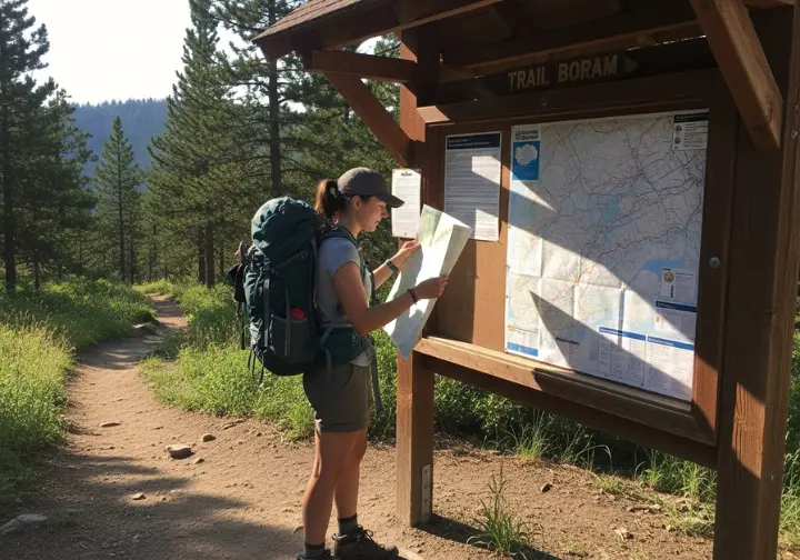 A full-body shot of a hiker with a backpack on, comparing her paper topographic map to the large map on a trailhead sign.