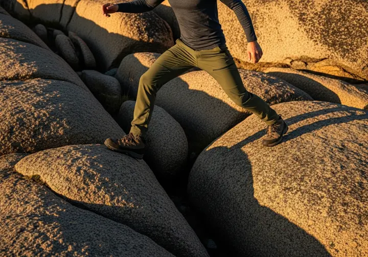 A full-body shot of a male hiker stepping between large boulders on a trail, showcasing his pants' mobility features.