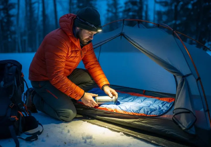 Full-body shot of a hiker in winter gear placing a water filter into a sleeping bag to prevent it from freezing overnight at a snowy campsite.