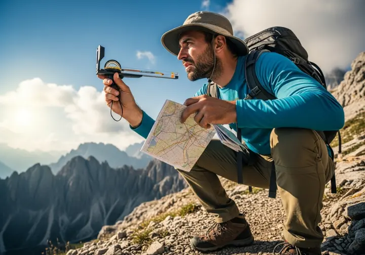 A hiker in a full-body shot on a mountain trail, demonstrating preparedness by using a physical map and compass for navigation.