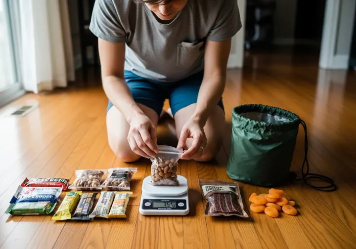 Full-body shot of a person kneeling on the floor, using a kitchen scale to weigh calorie-dense hiking foods before packing.