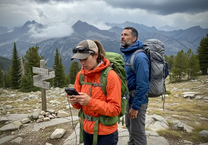 Two hikers in full gear consult a satellite messenger at a trail junction, making a decision under a stormy sky.