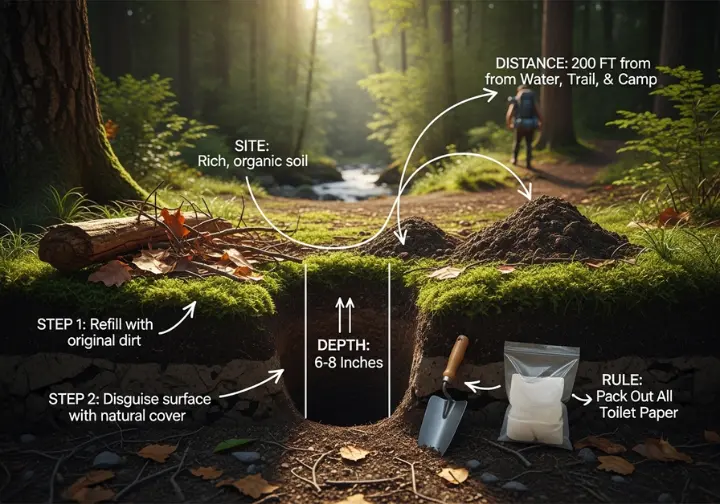 A detailed diagram showing a cross-section of a forest floor, illustrating the correct depth and technique for digging and disguising a cathole for backcountry waste.