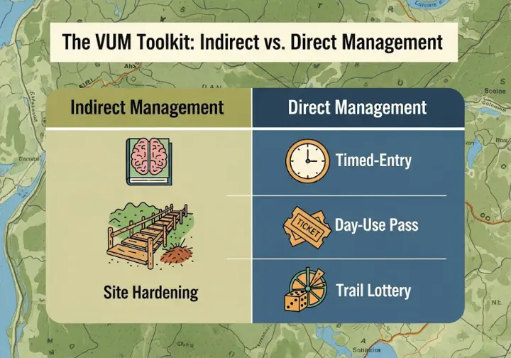 An infographic titled 'The VUM Toolkit' comparing indirect and direct park management strategies. The 'Indirect' side shows icons for Education and Site Hardening, while the 'Direct' side shows icons for Timed-Entry, Day-Use Pass, and Trail Lottery.