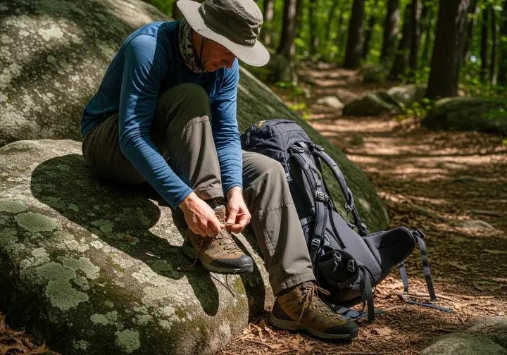 A hiker sits on a rock, taking a break on a trail to adjust the laces on their hiking boot in a full-body shot