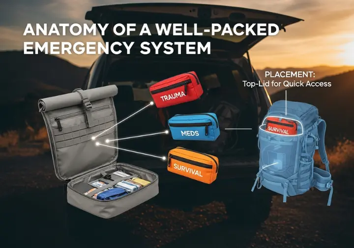 A diagram illustrating how to pack a modular emergency kit, showing color-coded pouches for Trauma, Meds, and Survival being placed into a main waterproof bag. An inset shows the ideal placement in a backpack's top lid.