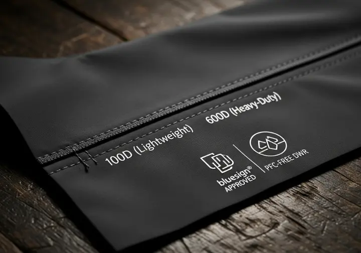 A diagram showing the difference between 100D and 600D fabric thread, with bluesign approved and PFC-free DWR icons on a piece of technical fabric.