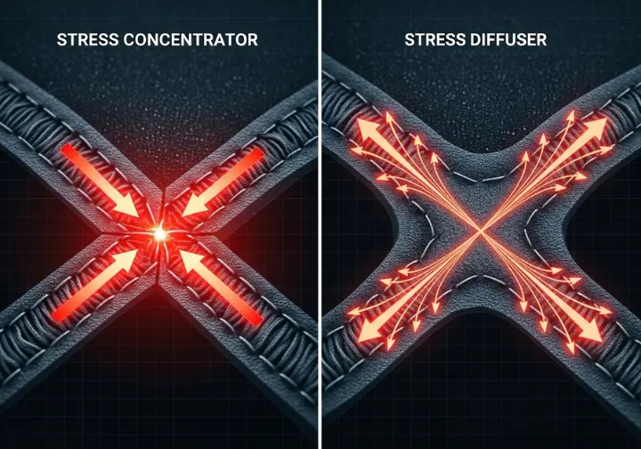 A side-by-side diagram showing how a gusset diffuses stress in fabric, contrasting a high-strain single point with a gusset that distributes the load.