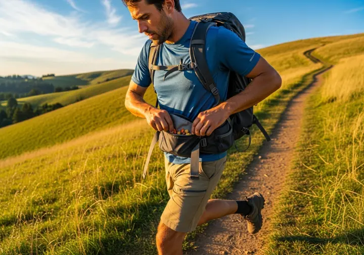 Full-body shot of a hiker eating a snack from their hip belt pocket while actively walking on a sunny trail.