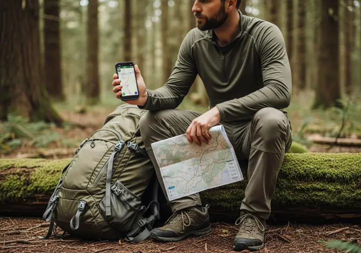 A hiker sits on a log in the woods, looking at a GPS app on a smartphone while also holding a paper topographic map.