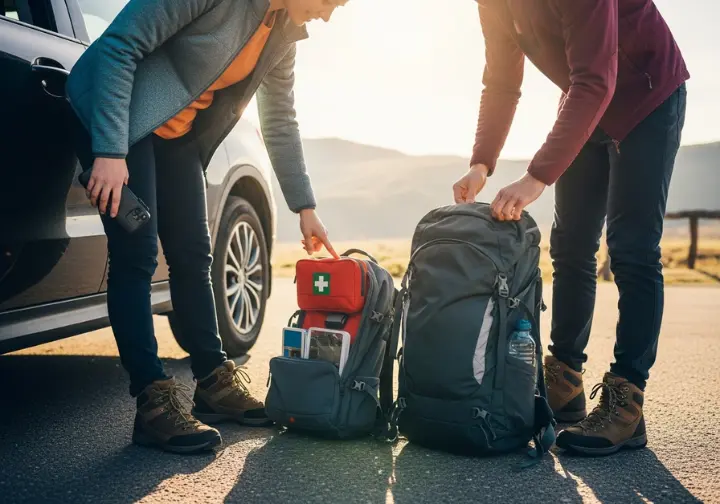Two hikers do a final gear and first-aid kit check with their backpacks open on the ground at a trailhead before their hike.