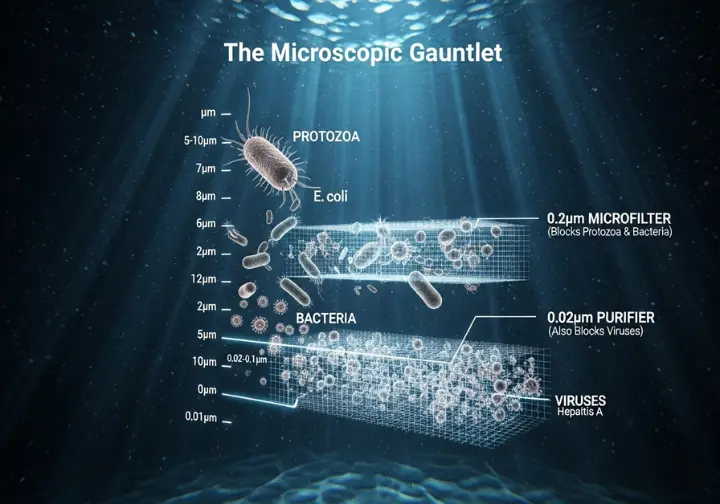 An infographic chart showing the relative sizes of protozoa, bacteria, and viruses, and illustrating how microfilters block the first two while purifiers are needed to block viruses.