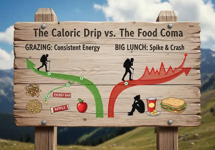 An infographic on a trail sign contrasting the energy levels of a hiker who grazes on small snacks versus one who eats a large lunch and experiences a "food coma."