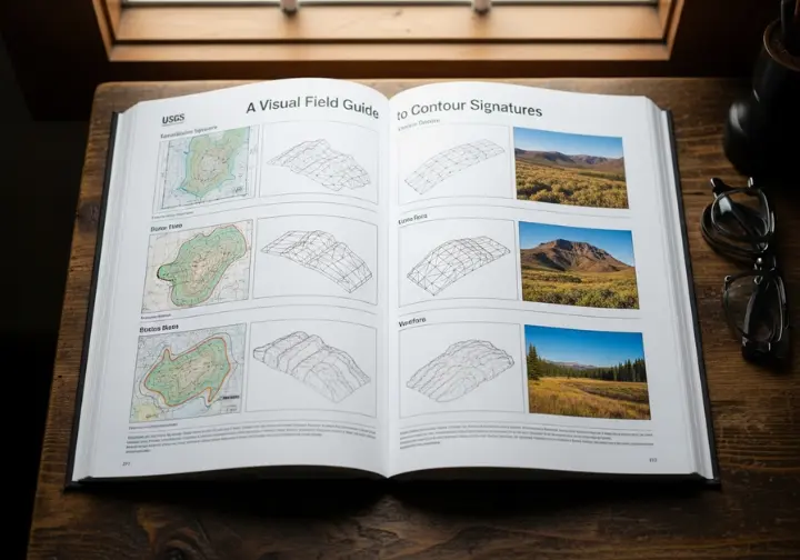 A four-part infographic designed as a page in a field guide, showing side-by-side comparisons of topographic map contours, 3D line drawings, and real-world photos for identifying peaks, ridges, valleys, and saddles.