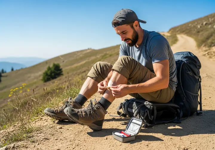 A hiker in full gear sits on the side of a trail applying a blister plaster to their foot, with a first-aid kit open next to them.
