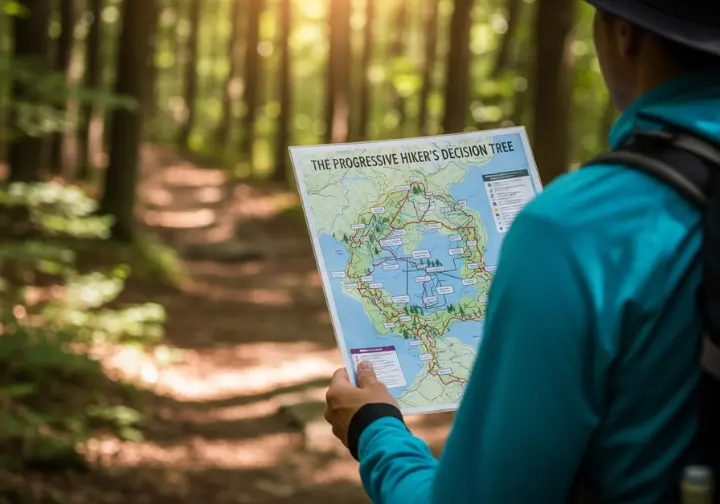 An infographic flowchart, designed as a trail map, guiding hikers to the correct backpack type based on their experience level and trip length.