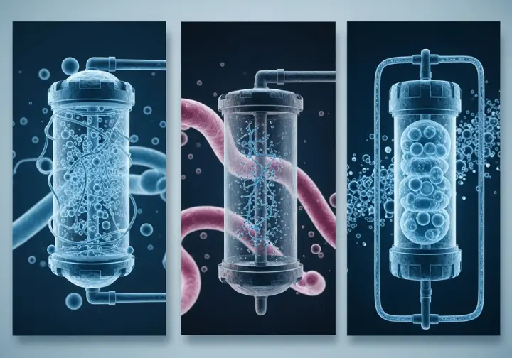 A 3-panel diagram set illustrating different water purification methods: size exclusion, electro-adsorption, and UV-C light neutralization.