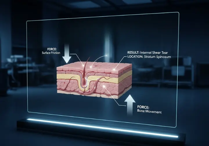 A detailed medical infographic showing a cross-section of skin. Arrows illustrate how opposing forces from bone movement and surface friction cause an internal shear tear in the stratum spinosum, leading to a blister.
