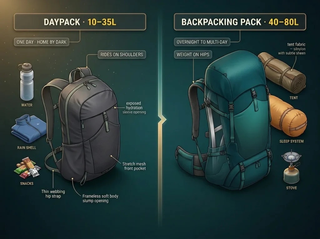 Comparison infographic showing daypack vs backpacking pack silhouettes with day-hike and overnight loads and capacity ranges