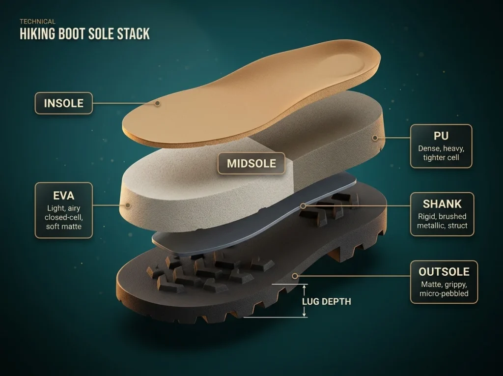 Cross-section diagram of a hiking boot sole stack showing insole, midsole with embedded shank, outsole, and lug-depth markers