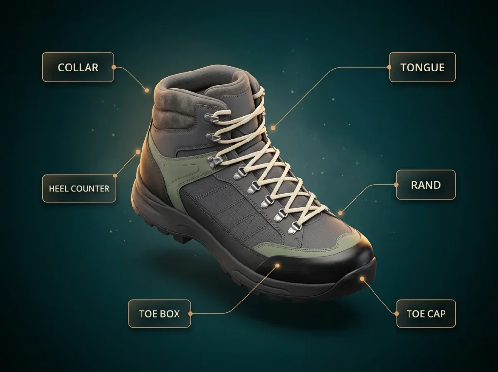 Hiking boot anatomy diagram labeling collar, tongue, rand, toe cap, toe box, and heel counter on a side-profile boot