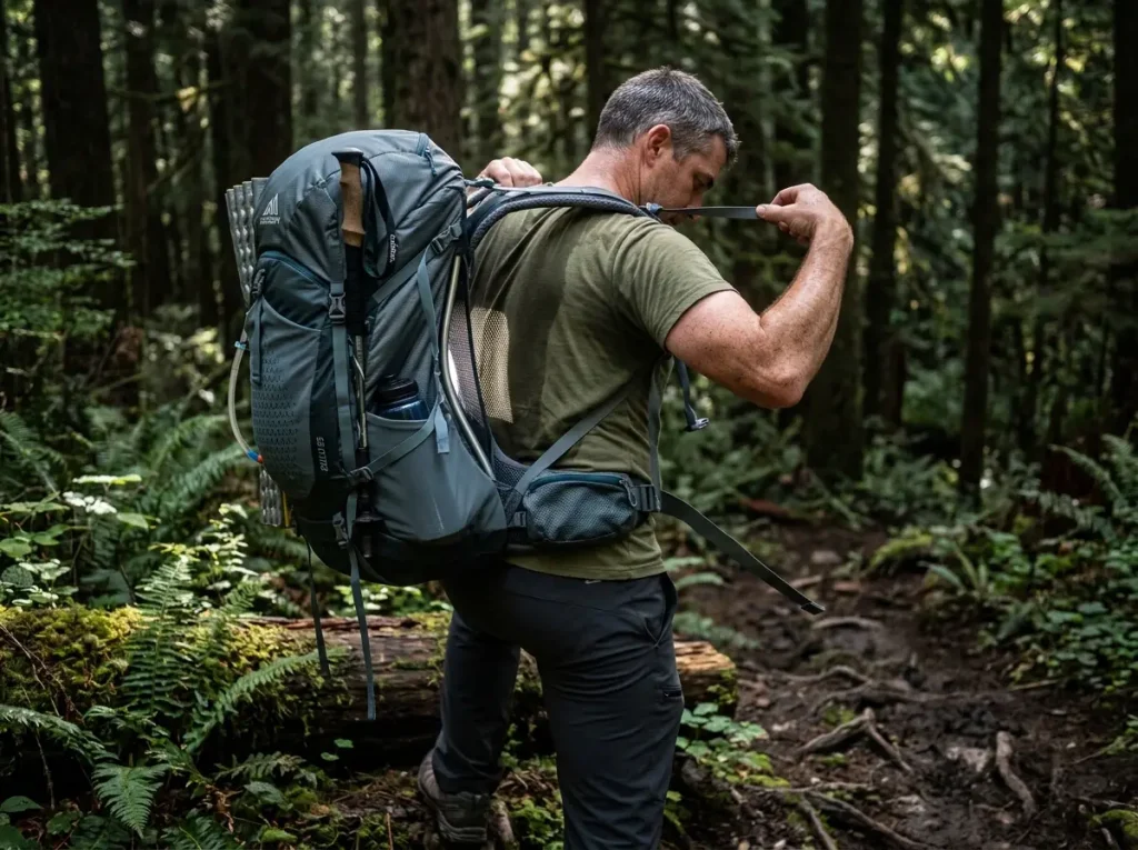 Backpacker adjusting the ventilated internal frame and suspension of a loaded pack