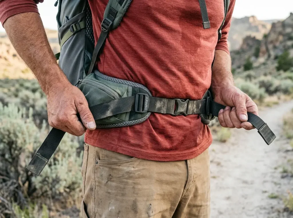 Close-up of hands cinching a backpacking pack hip belt onto the hips for load transfer