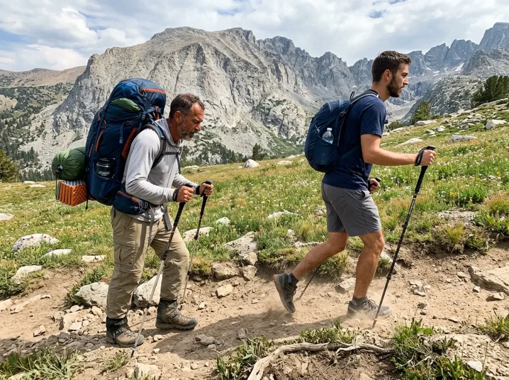 Day hiker with a small pack passing a backpacker with a tall loaded pack on trail