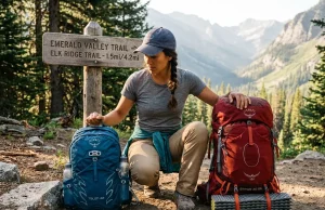 Daypack vs Backpacking Pack and How to Choose Daypack and backpacking pack side by side at a trailhead, ready for a choice