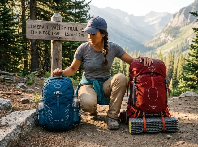daypack-vs-backpacking-pack-trailhead-choice Daypack and backpacking pack side by side at a trailhead, ready for a choice
