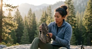 How to Read Hiking Boot Anatomy Before You Buy Hiker examining hiking boot anatomy before a trail — midsole and outsole visible