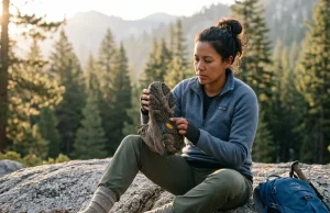 How to Read Hiking Boot Anatomy Before You Buy Hiker examining hiking boot anatomy before a trail — midsole and outsole visible