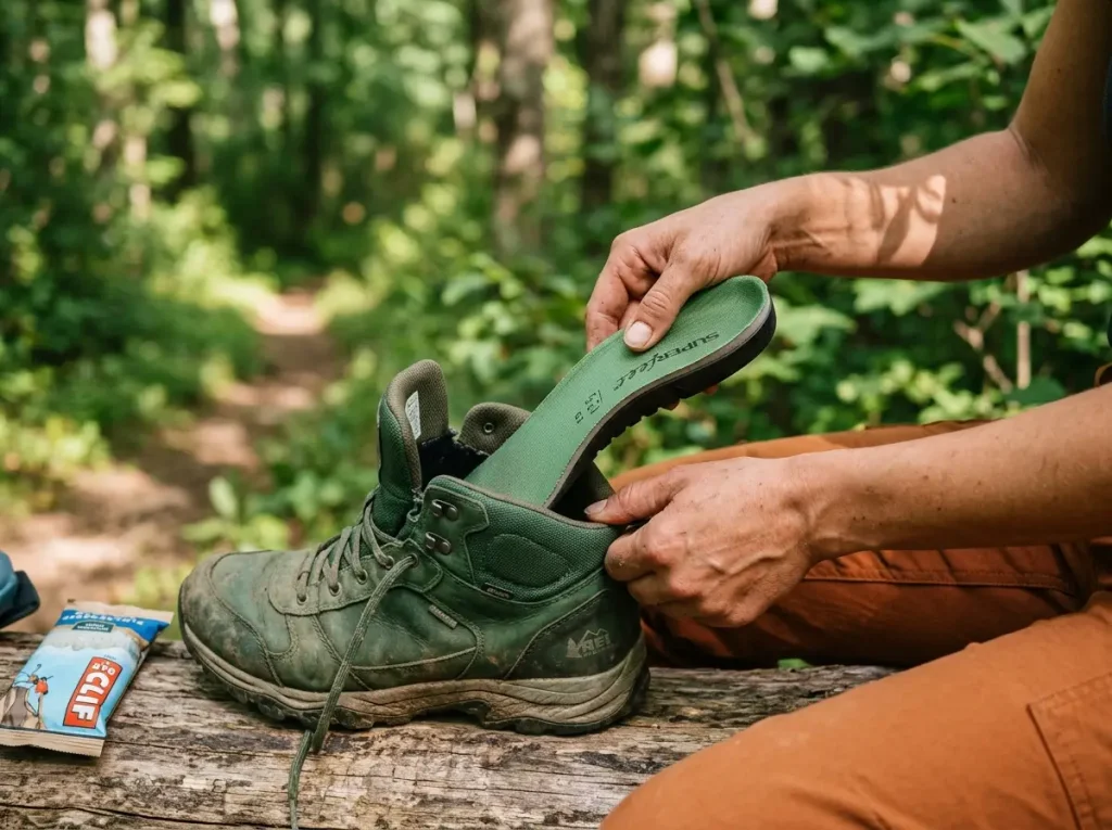 Hiker removing hiking boot insole at trail break to inspect arch support