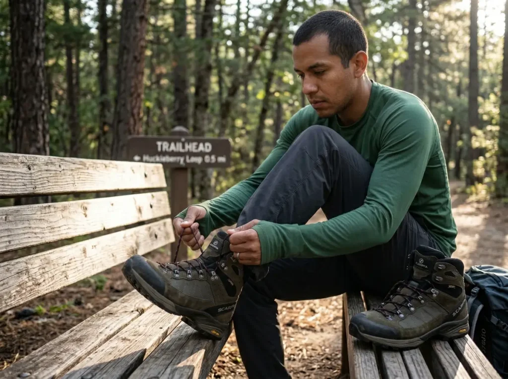 Hiker lacing mid-cut Scarpa boot at trailhead showing speed hooks and gusseted tongue