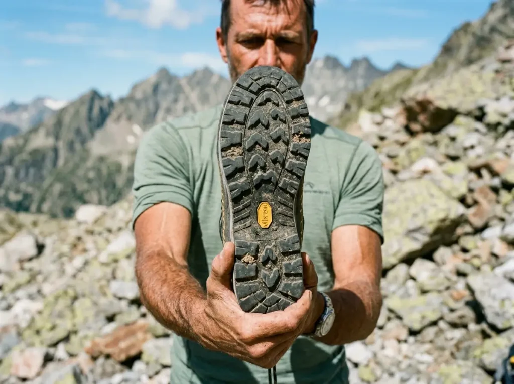 Hiking boot sole showing lug pattern depth and midsole layer cross-section detail