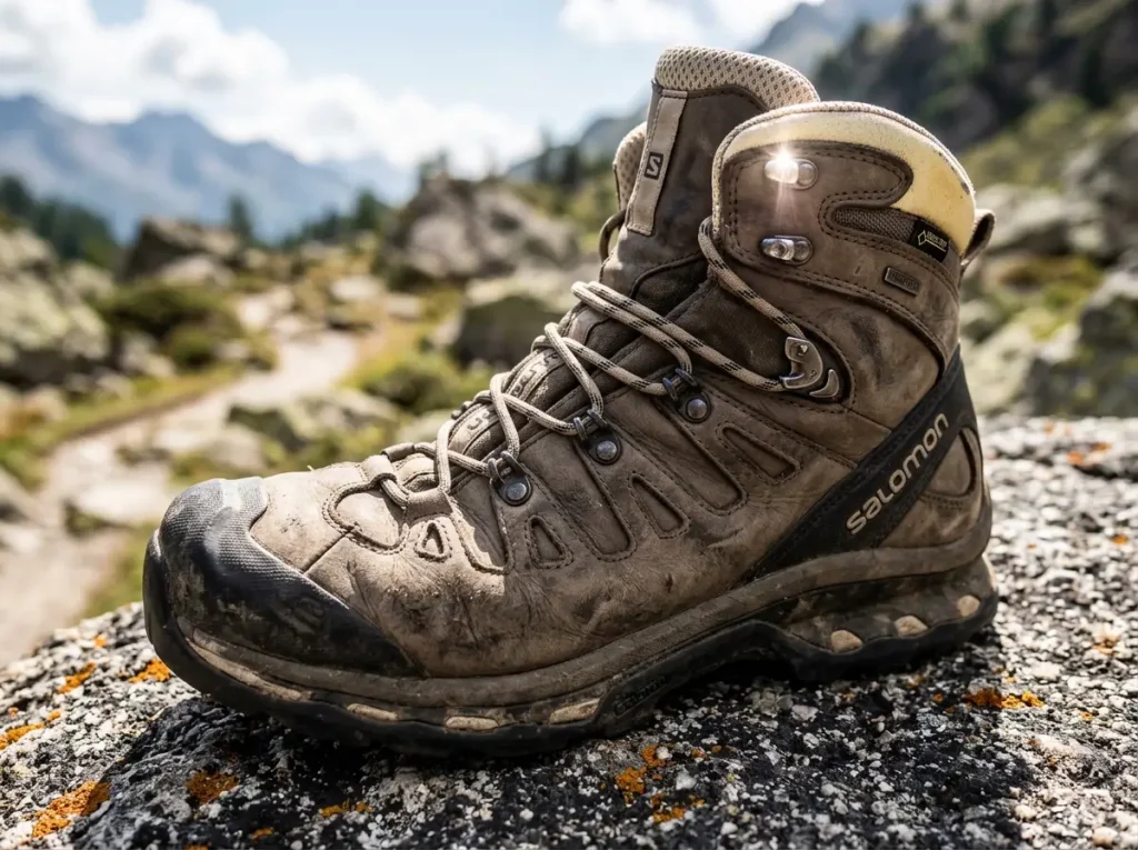 Close-up of hiking boot upper showing nubuck leather, collar padding, and rand detail
