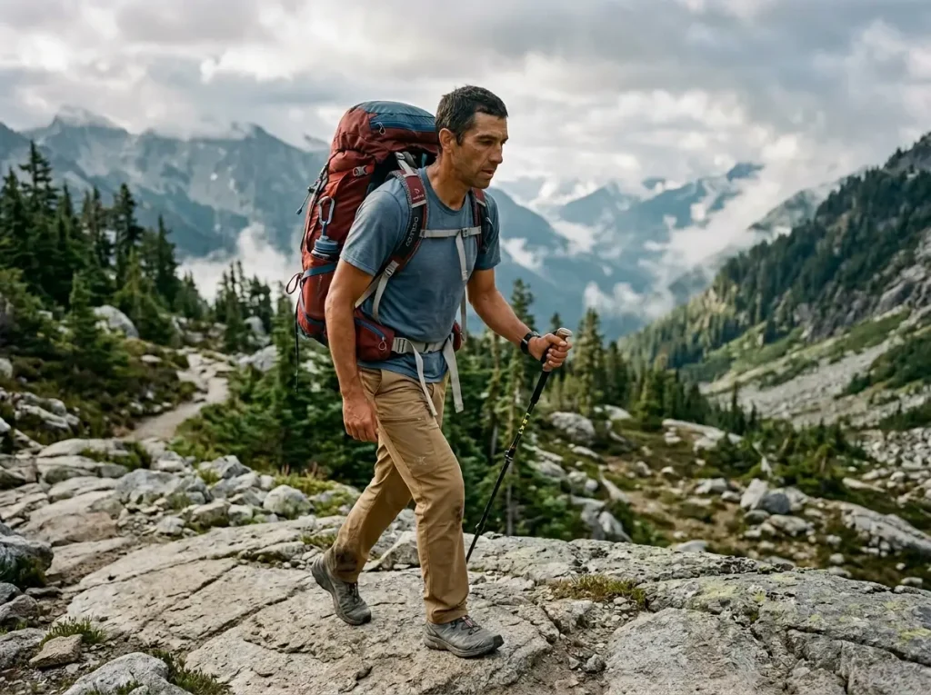 Hiker with a properly fitted Osprey Atmos pack, the load riding on the hips on a granite trail