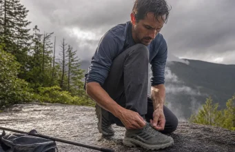Why Hiking Shoe Technology Labels Tell You Almost Nothing Hiker retying a low-cut hiking shoe on wet granite, showing hiking shoe technology in real use
