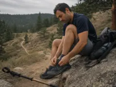Trail Runners for Hiking Buying Guide for 2026 Hiker sitting on a rock retying trail runners mid-hike, hiking boots not needed