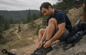 Trail Runners for Hiking Buying Guide for 2026 Hiker sitting on a rock retying trail runners mid-hike, hiking boots not needed