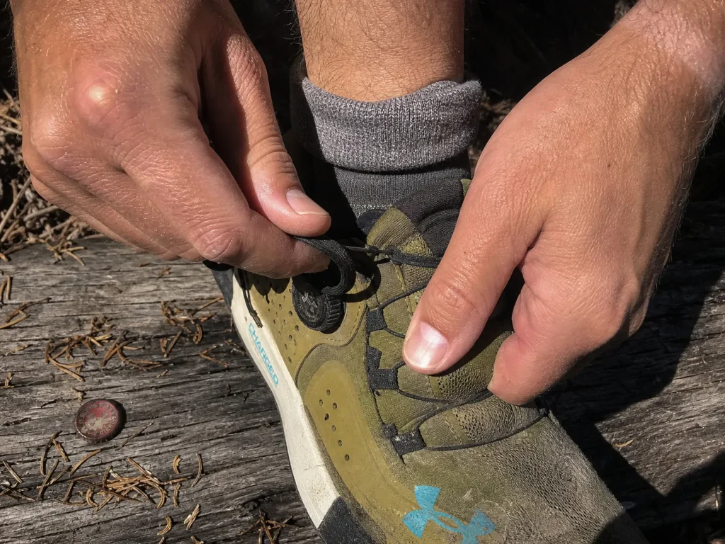 Close-up of hands tying a heel-lock lace on a mesh hiking shoe upper at a trailhead