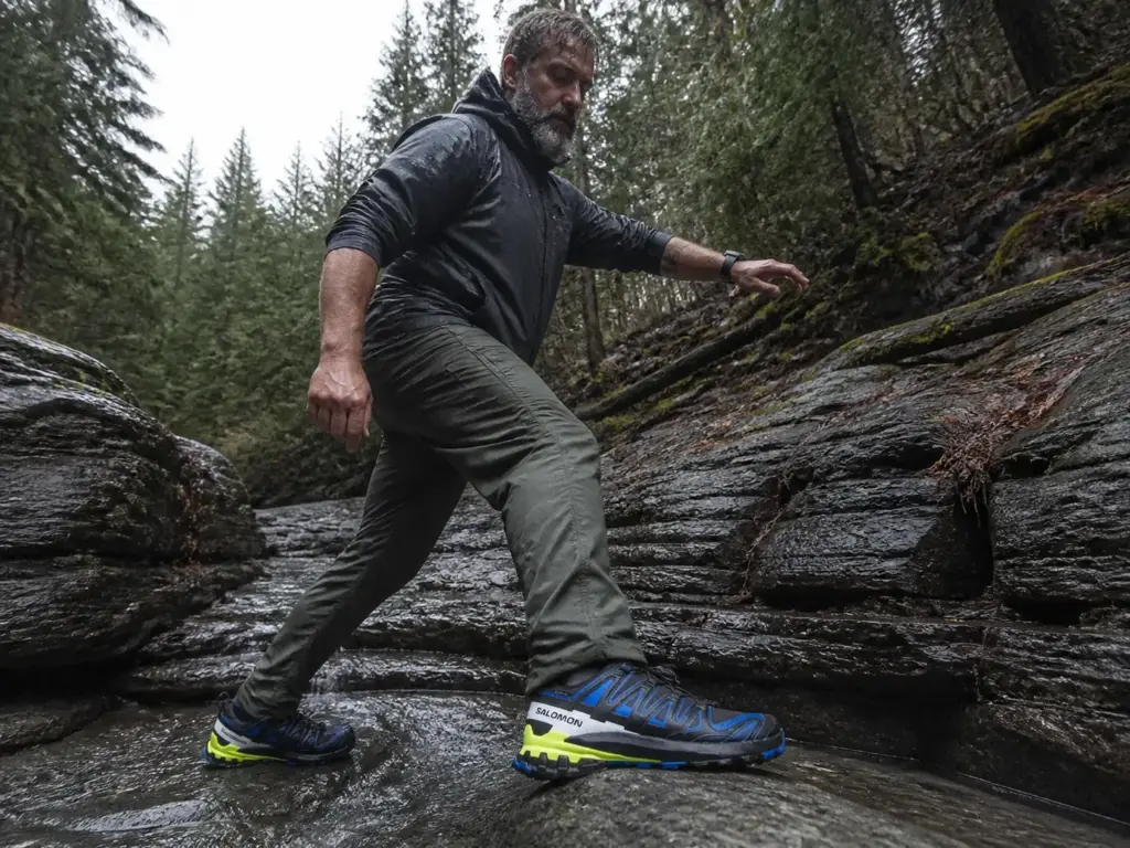 Hiker stepping across wet rock in Gore-Tex trail runners on a damp technical trail