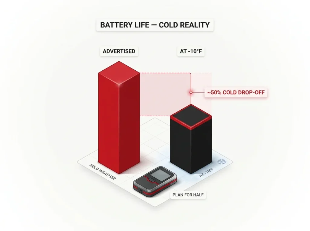 Bar chart showing advertised vs real cold-weather battery life for a Garmin inReach with a shaded band marking the fifty percent drop