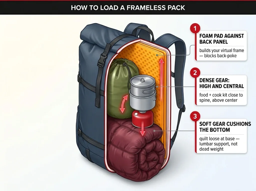 Step-by-step cutaway diagram of a frameless backpack showing numbered layers: foam pad against back panel, dense gear high and central, quilt cushioning the bottom