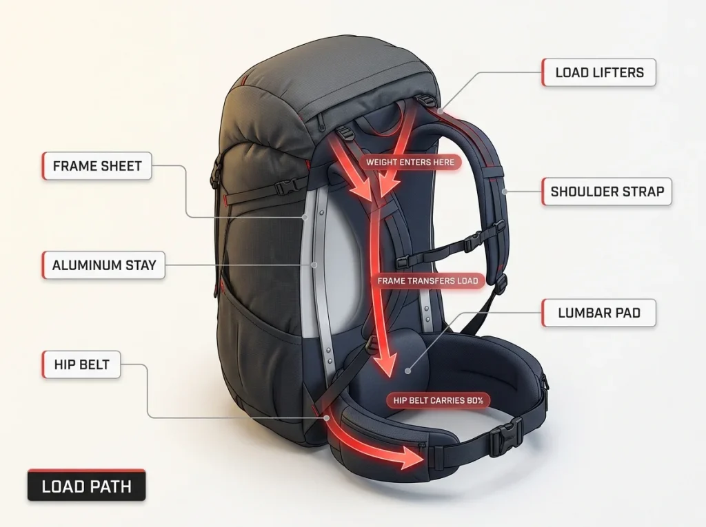 Annotated diagram of an internal-frame backpack showing frame sheet, aluminum stay, hip belt, and load lifters with arrows tracing weight path from shoulders to hips